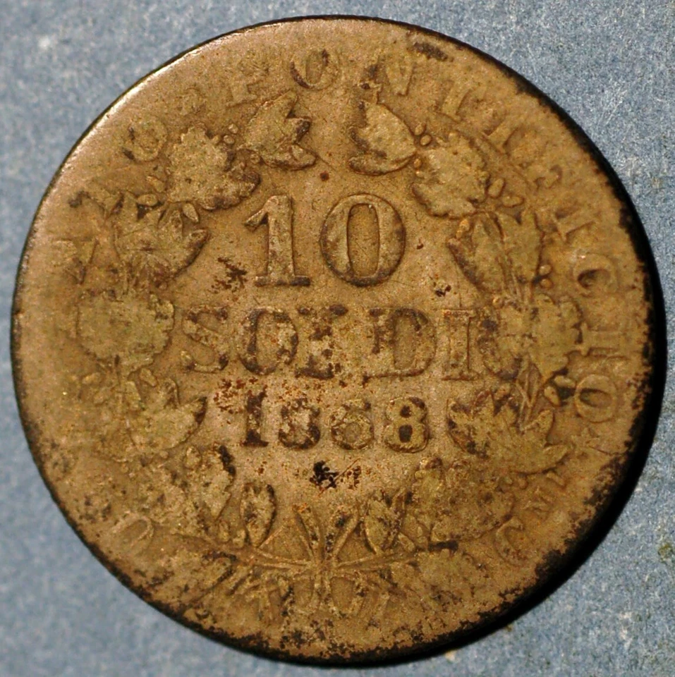 Italian States PAPAL STATES 10 Soldi 1868 Pius IX KM# 1376 - Image 1 of 2