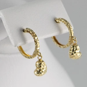 NEW 14K Yellow Gold Huggie Earrings with Hanging Hearts - Picture 1 of 12