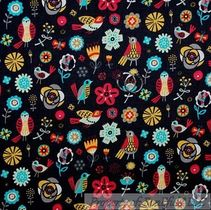 BonEful Fabric FQ Cotton Quilt Black Red Aqua Blue Mexican Flower Bird Folk Art - Picture 1 of 12