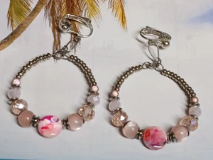 Silver Tone Pink Glass and Crystal Bead Hoop Clip On Earrings - Picture 1 of 5