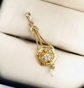 Art Deco 10k massiv Gold echt Diamant & Perle Lavalier Anhänger Antikschmuck - Bild 1 von 6