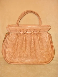 Large Oversize Tan Hand Tooled Leather Purse w/ Rope Trim - New Unused Vintage - Picture 1 of 8