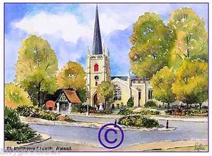 "ST. MATTHEWS KIRCHE WALSALL AQUARELL KÜNSTLER DRUCK GRÜSSKARTE 8""x 6" - Bild 1 von 1