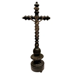 Vtg Crucifix Skull Jesus Black Wood Silver Tone Metal Standing Cross 16" READ - Picture 1 of 20