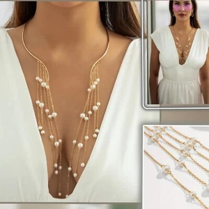 Collana di perle uniche di ispirazione vintage lunga metallo oro frangia aperta design - Foto 1 di 6
