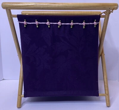Purple Folding Knitting Crochet Yarn Sewing Basket Rosebuds - Image 1 of 4