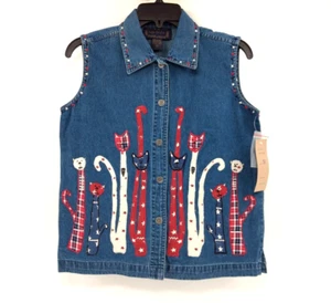 LIFE STYLE Vest Women's S Blue Denim Embroidered Cats Applique Button Western - Picture 1 of 15