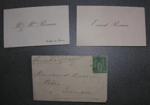 Enveloppe avec 2 Carte de Visite de Ernest Renan. Quimper 1890 - Picture 1 of 1