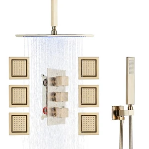LED Brushed Gold Shower Faucet System Set Rain Head Combo Kit Thermostatic Valve - Picture 1 of 9