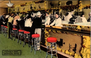 JACKSON WYOMING COWBOY BAR INTERIOR LINEN ADVERTISING POSTCARD - Picture 1 of 2