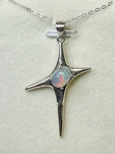 925 Sterling Silber Regenbogen weißer Opal Off Set Kreuz Stern Anhänger Halskette - Bild 1 von 11
