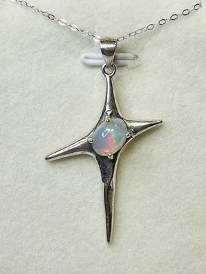 925 Sterling Silver Rainbow White Opal Off Set Cross Star Pendant Necklace - Image 1 of 4