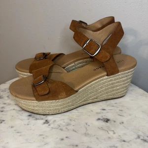 Lucky Brand Naveah Ankle Buckle Wedge Sandals Brown Size 8.5 Shoes Suede Rope -J - Picture 1 of 9