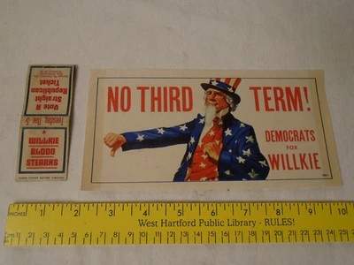 Lote Wendell Willkie de 1930, calcomanía y cubierta de cerilla sin usar, original, excelente Foto 1 de 4