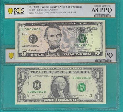$1 and $5 2X Matching LOW Serial Number 4 Digit 00004363 PCGS Graded 68/65PPQ - Image 1 of 2
