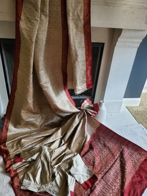 Mujeres Pura Seda Tanchoi Benarasi Sari W Blusa Festivo Telar de Mano Diseñador Festivo Foto 1 de 4