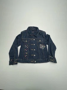 Gap Kids Girls Jean Jacket Embroidered Butterflies Sz M Dark Was Blue Button Up - Picture 1 of 10