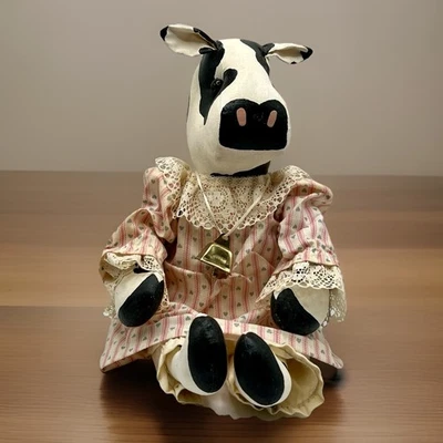 14” Vintage Country Girl Cow Stuffed Doll with Cotton Prairie Dress Shelf Sitter - Image 1 of 4
