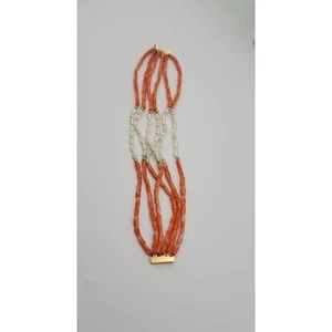 14K Coral pearl shell 6 strand Orange white bracelet 7.5" - Picture 1 of 16