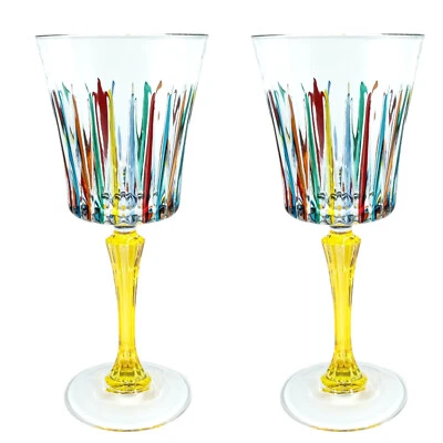 Pair of 2 Murano Wine Glasses Multi Colour Yellow Stem Hand Painted Venice Italy - Image 1 of 4