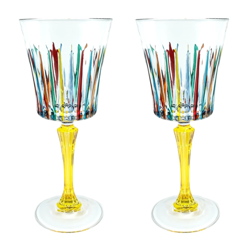 Pair of 2 Murano Wine Glasses Multi Colour Yellow Stem Hand Painted Venice Italy - Image 1 of 4