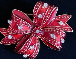  RED GOLD RHINESTONE CHRISTMAS PACKAGE PRESENT SURPRISE BOW PIN BROOCH JEWELRY