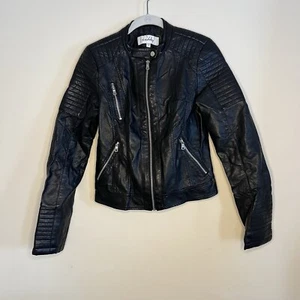 Sebby Black faux leather moto jacket zip front snap zipper pockets women's small - Picture 1 of 12