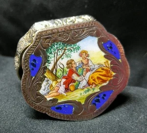 Antique 800 Coin Silver ART NOUVEAU Trinket Snuff Compact Pill Box Enamel Scene  - Picture 1 of 12