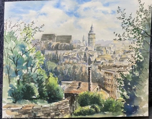 ::AQUARELL  °ALTSTADT KIRCHE TURM SIGNIERT °WER KENNT DEN ORT ? SÜDDEUTSCH ANTIK - Picture 1 of 9