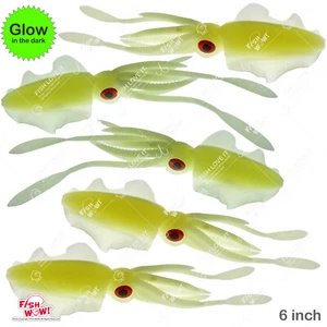 5pcs Fish WOW! GLOW 6" Fishing Chase Squid Skirt Real-like Octopus lure 3D eye - Picture 1 of 12