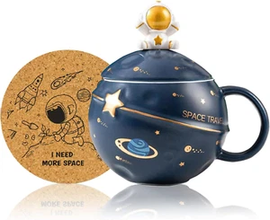 Kawaii Astronaut Mug Space Embossed Ceramic Coffee Cup with Lid Spoon for Tea Mi - Picture 1 of 12
