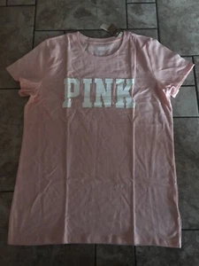 NWT Victoria Secret Pink L Knit Short Sleeve Perfect T-Shirt Pink Foil Shine - Picture 1 of 2