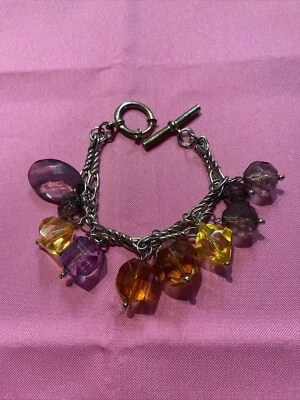Chunky Purple Amber & Smoke Plastic Beaded 7"  Bracelet N-92 - Image 1 of 4
