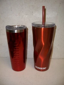 2 DUNKIN DONUTS 24 Oz & 20Oz Insulated Stainless Steel Travel Tumbler Mugs RED - Picture 1 of 4