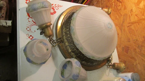 Antique Brass Chandelier Center Dome & 3 Drop Shades Blue Flowers Cover