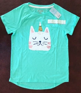 Cat & Jack Girls Large 10/12 T-Shirt Mint Green Sequined Unicorn Cat NWT - Picture 1 of 8