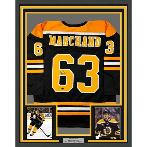 Framed Facsimile Autographed Brad Marchand 33x42 Black Reprint Laser Auto Jersey Cover