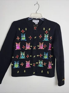 Owl Ramie Black Size Small Embroidered Sequined Cardigan Sweater By Jack B Quick - Picture 1 of 8
