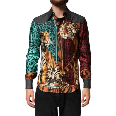 DOLCE & GABBANA Shirt Multicolor Tiger Leopard Print Silk Men 38/US15/XS 1500usd - Image 1 of 4
