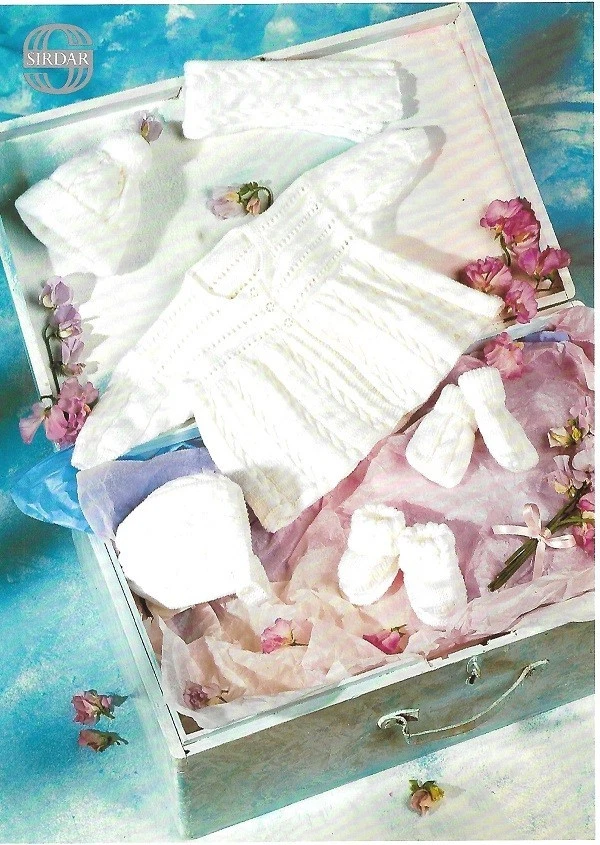 SIRDAR Knitting Pattern 3668 Baby Coat Scarf Bonnet Mitts Hat Shoes 16-20" 4 Ply - Image 1 of 1