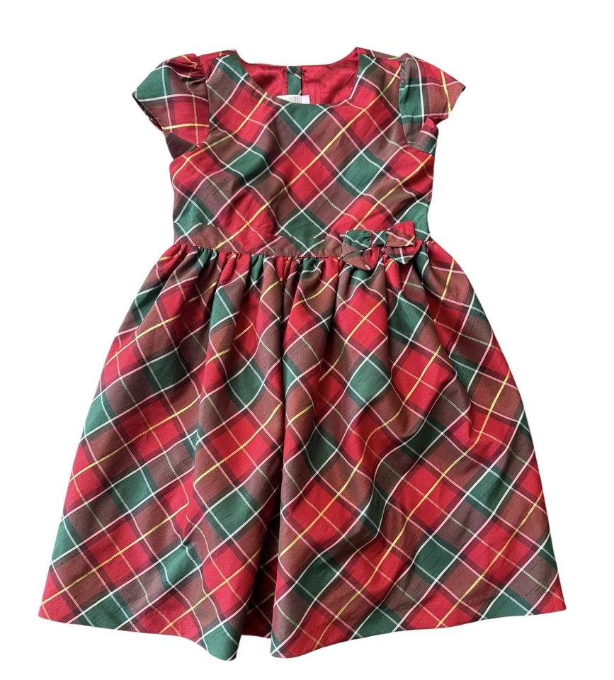 Vestido de fiesta de Navidad Gymboree verde rojo dorado a cuadros con lazo forrado niñas talla 10 Foto 1 de 3
