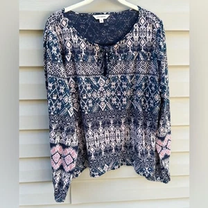 Lucky Brand XL navy pink boho peasant style flowy aztec cottage blouse - Picture 1 of 7