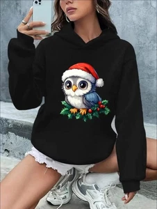 Women'S Christmas Owl Graphic Hoodie - Polyester Casual Hooded Sweatshirt With R - Picture 1 of 7