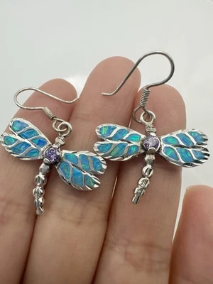Mexico 925 Sterling Silver Opal Purple Stone Dragonfly Earrings  - Image 1 of 4