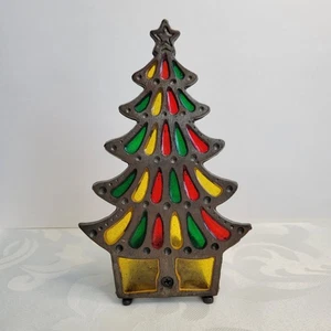 Vintage Cast Iron Stained Glass Christmas Tree Candle Holder Art Deco Gothic - Bild 1 von 10