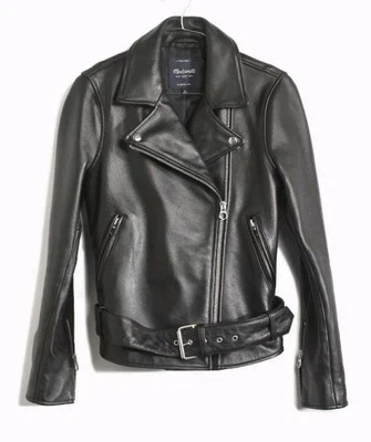 $498 Women's Madewell XS Black Ultimate Leather Motorcycle Belted Jacket - Image 1 of 4