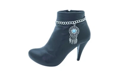 Mujer Plata Metal Cadena Bota Pulsera Étnico Zapato Pluma Dije Azul Turquesa Foto 1 de 4