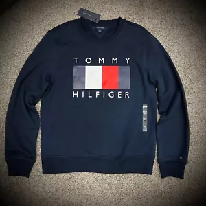 $69 TOMMY HILIGER FELPA CREW blu navy scuro grande logo uomo/unisex ADULTO MED - Foto 1 di 5