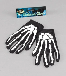 Large Child Kids Ladies Skeleton Bone Print Gloves Halloween Fancy Dress - Picture 1 of 2