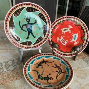 Southwestern Petroglyphs Drawings Decorative Plates/ Set of Three. Aztec Style - Picture 1 of 5